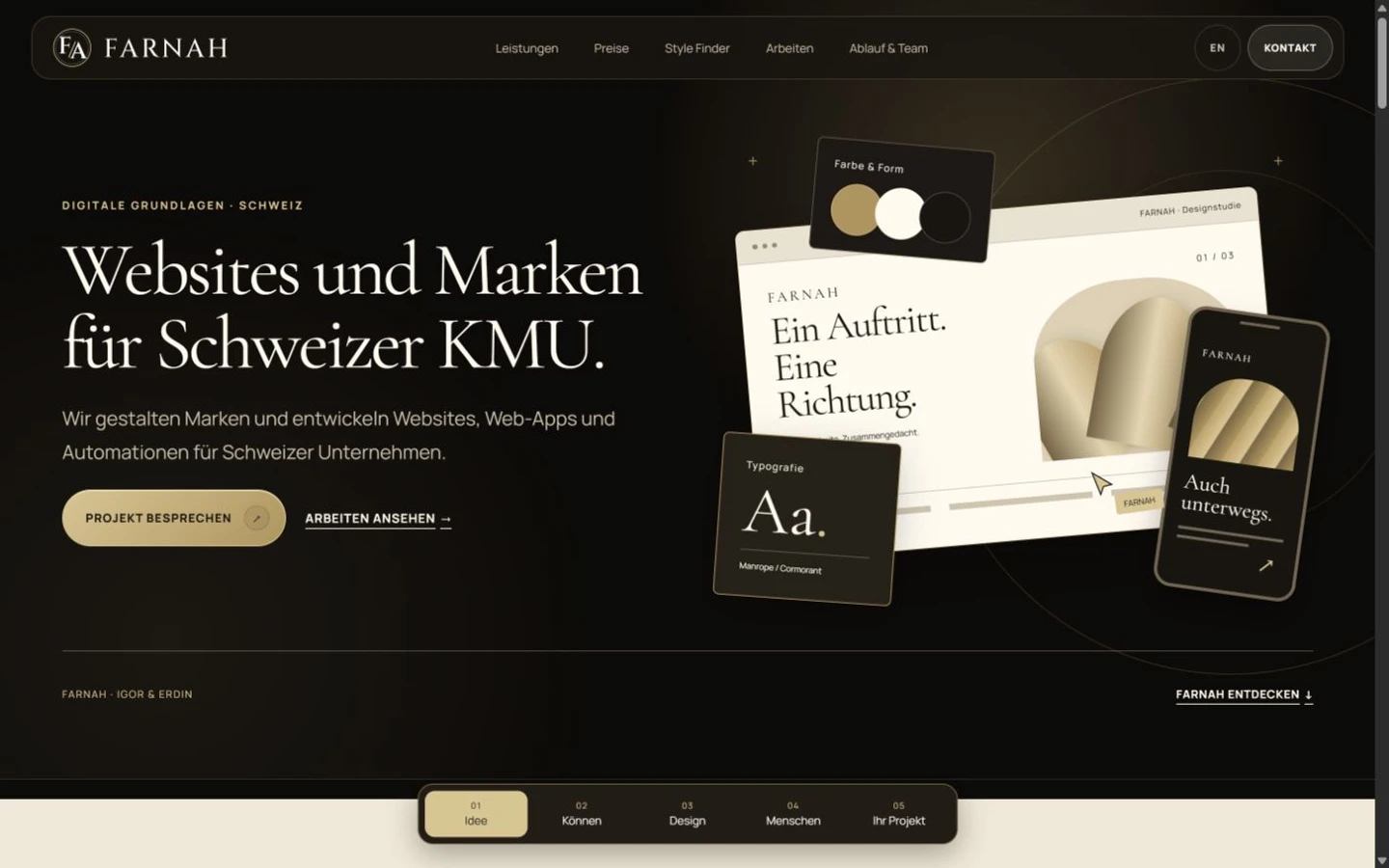 Startseite von FARNAH mit vollständiger Desktop-Ansicht und dunkler Navigation