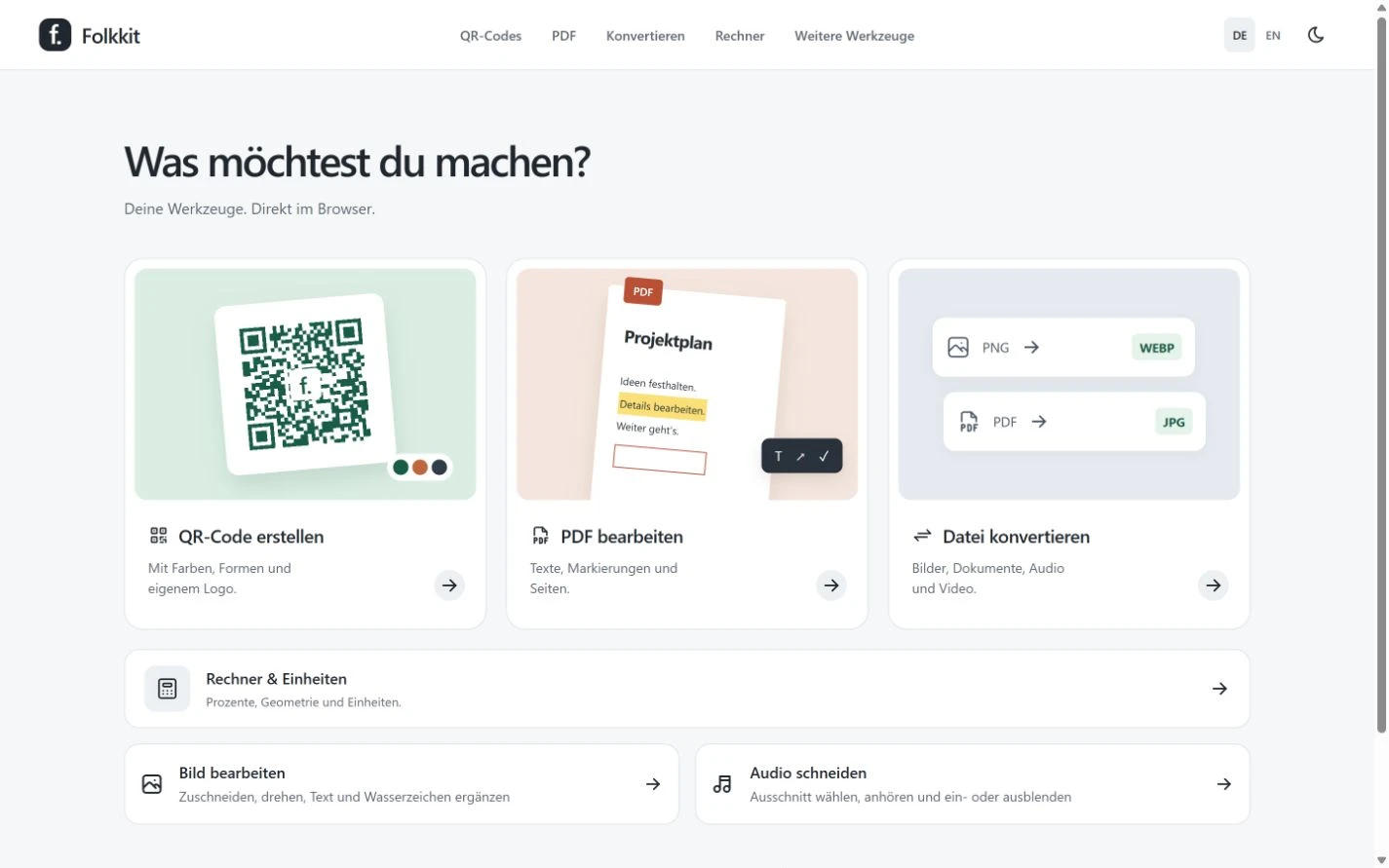 Echte Folkkit-Startseite mit Werkzeugen für QR-Codes, PDFs und Dateikonvertierung